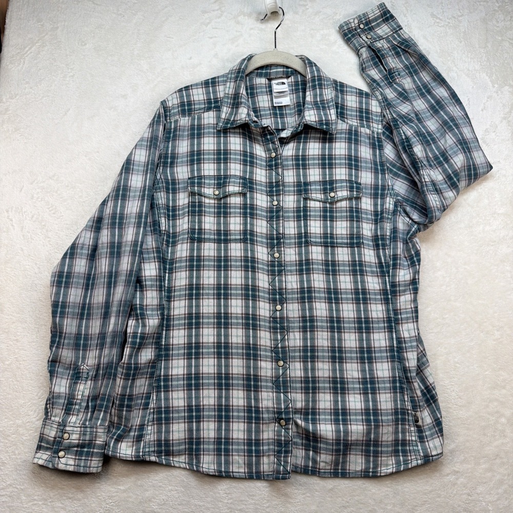 The North Face Plaid Flannel Shirt Pearl Snap‎ Outdoor Hiking Womens XL